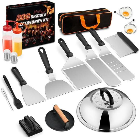 18Pcs Griddle Accessories Kit for , Flat Top Grilling Accessory Set with Smash Burger Press, Stainless Steel Spatula Tools with Basting Cover for Outdoor BBQ Hibachi Cooking