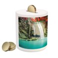 thumbnail image 2 of Waterfall Piggy Bank, Nature Single River in Corner of the Deep Forest Fair Fall Oak Trees, Ceramic Coin Bank Money Box for Cash Saving, 3.6" X 3.2", Red and Blue, by Ambesonne, 2 of 4