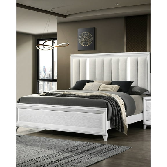 Modern Solid Wood Queen Size Bed - Linen Upholstered Headboard With Led In White Bedroom Contemporary Look