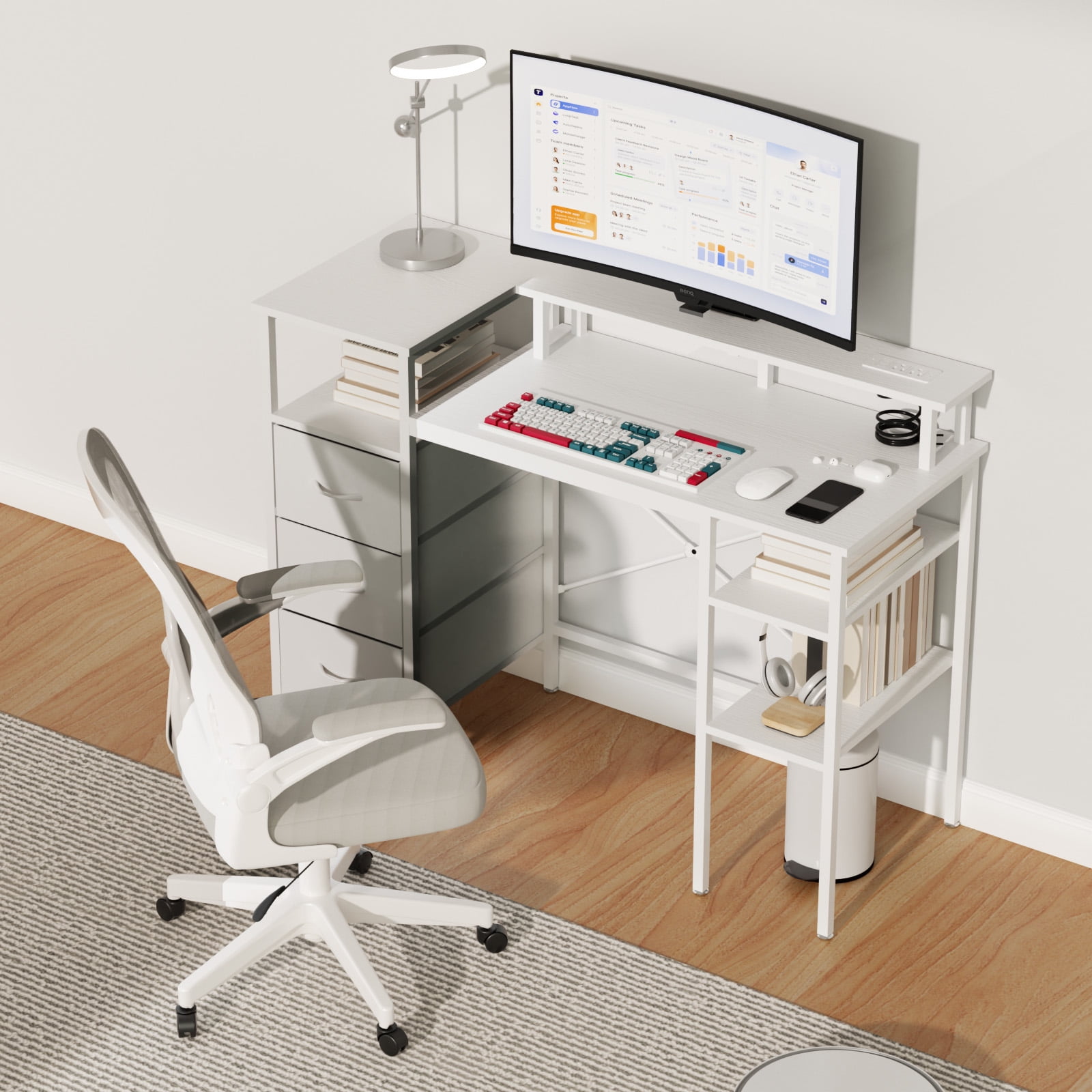 Ktaxon L-Shape Computer Desk with Charging Station 47 Inch Gaming Desk Concer PC Laptop Table with Drawers & Storage Shelves Workstation, White