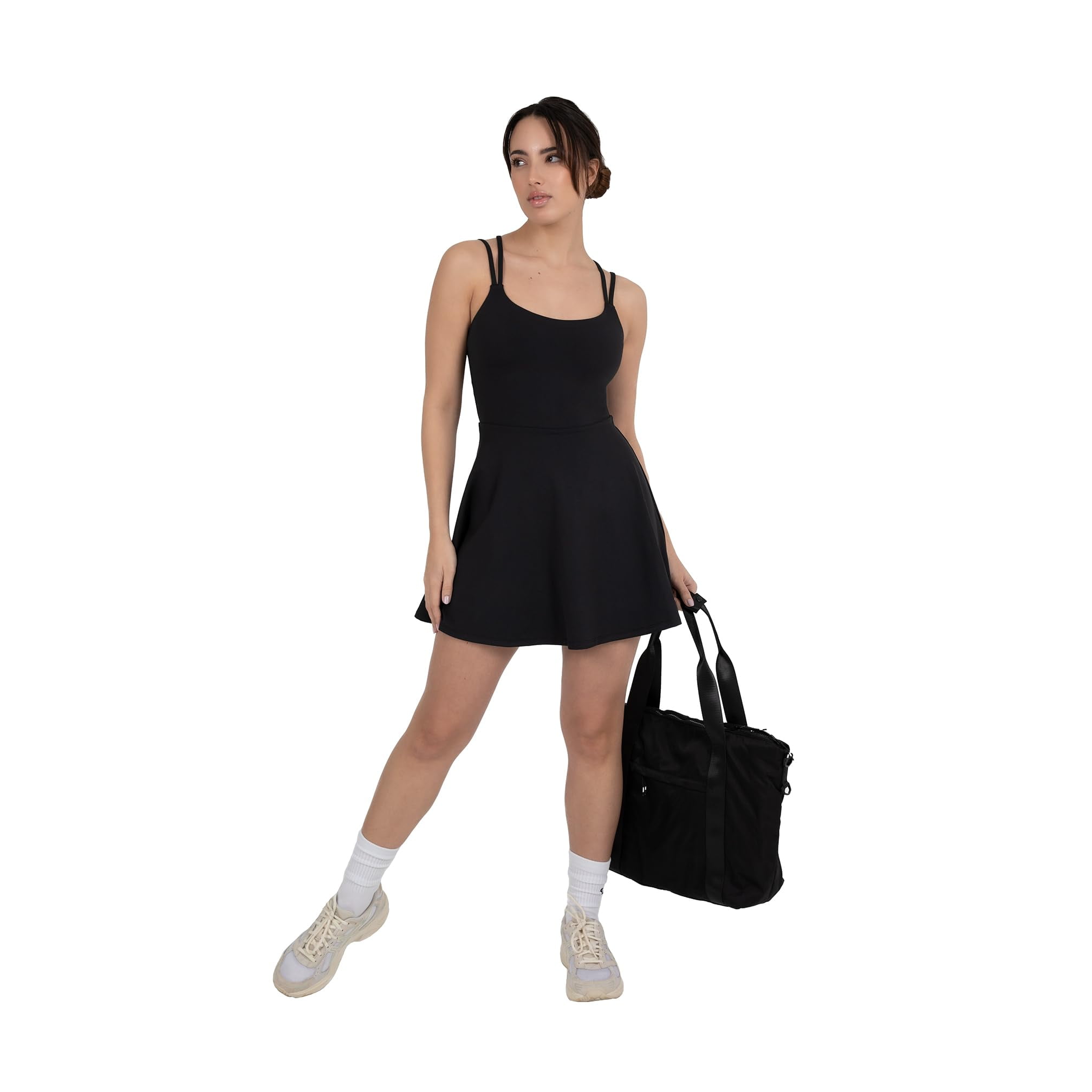 YITTY Active Women's UltraLuxe Strappy Tennis Dress with Built in Short, Athleisure, 4-Way-Stretch, Iconic Black, XL