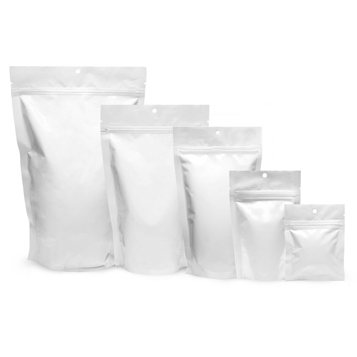 WHITE SHINY STAND UP POUCHES MYLAR FOIL BAG HEAT SEAL FOOD GRADE ZIP LOCK BAGS 