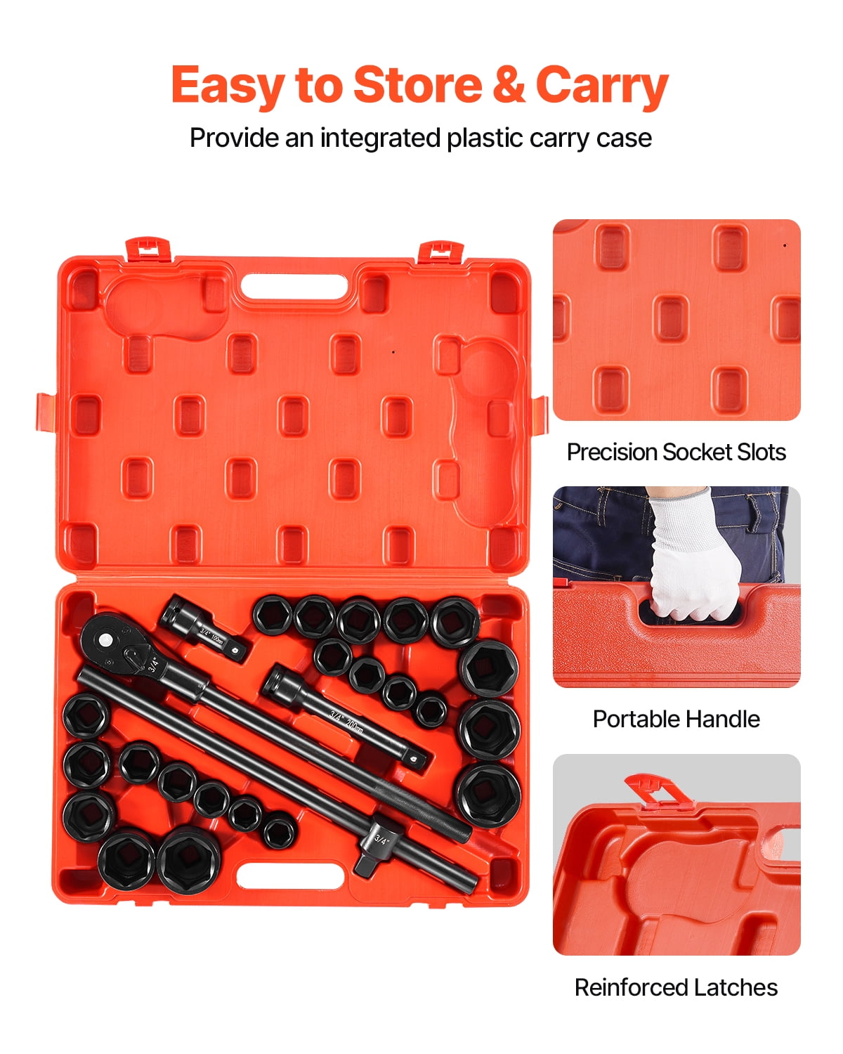 VEVOR 3/4 in Drive Impact Socket Set, 27 Pieces SAE 7/8 in to 2 in and Metric 22 mm to 50 mm, 6 Point Cr-V Alloy Steel for Auto Repair, Includes Extension Bars, Ratchet Handle and Storage Case
