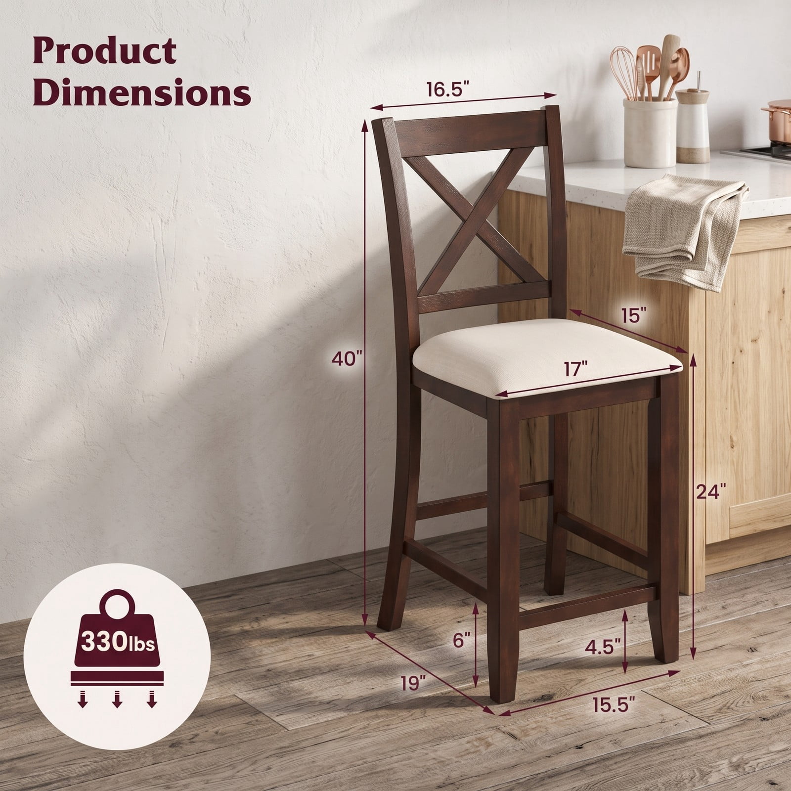 Furnibear Modern Farmhouse Counter Height Bar Stools Set of 2 with Footrest, Curved Slatted Back and Linen Cushioned Seat, 24 Inch Rubber Wood, Walnut and White