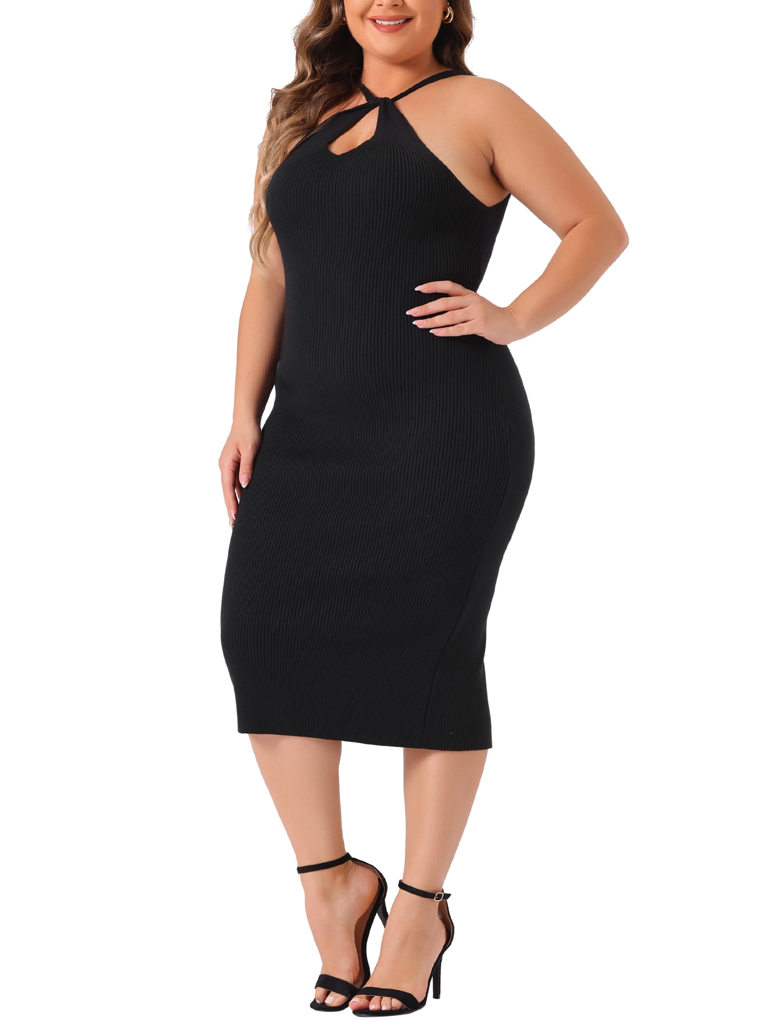 DARING DIVA Plus Size Sweater Twist Front Halter Neck Midi Dress 3X Black