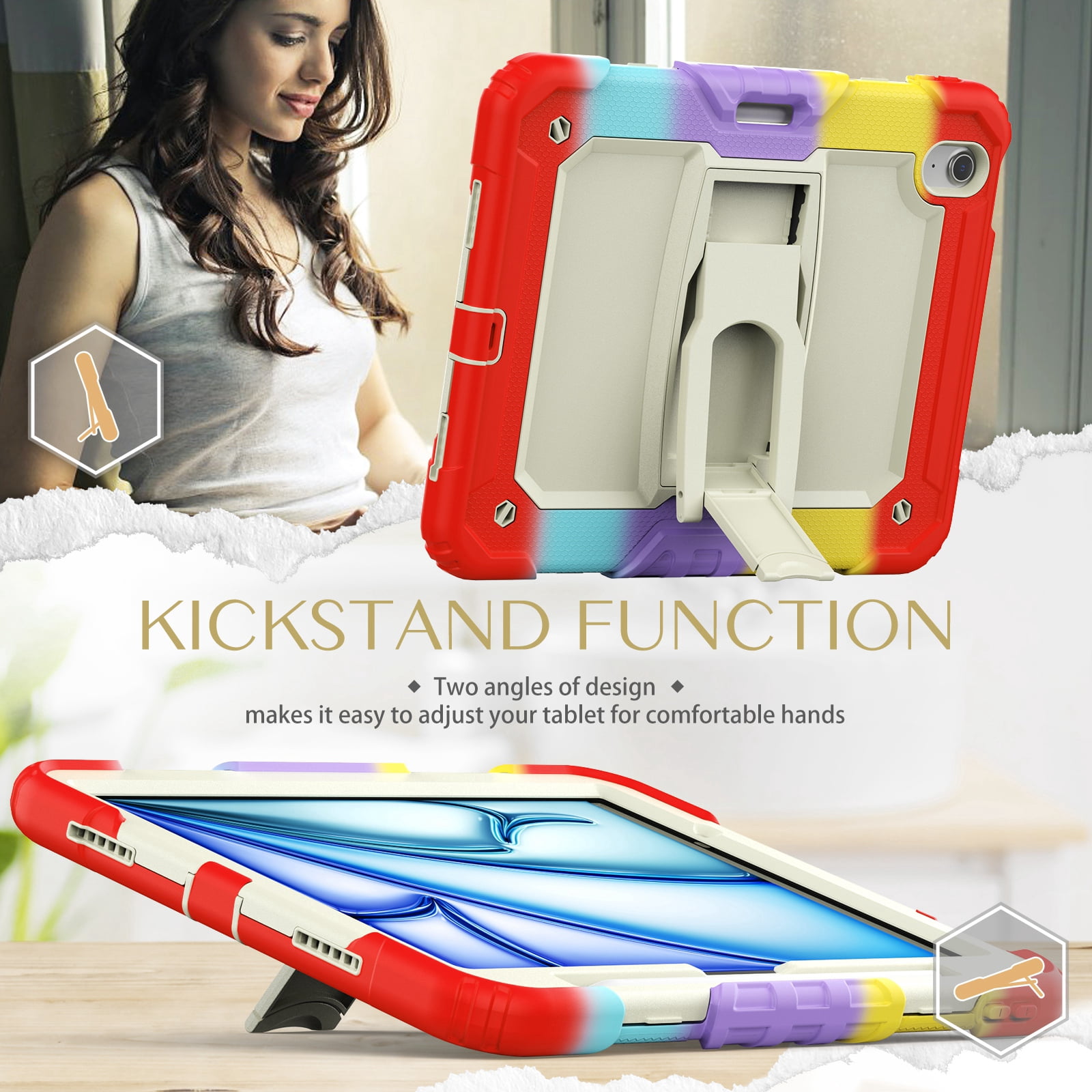 Dteck Built-in Screen Protector Case for iPad Air 11 inch 2025/2024 ,Heavy Duty Silicone Case Foldable Stand Cover Built-in Pencil Holder with Shoulder Strap for iPad Air 11-in. M3/M2,Colorful/Red