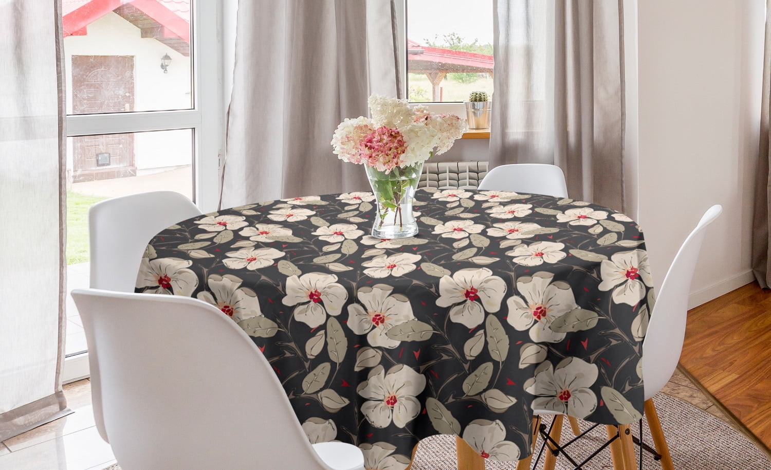 Floral Round Tablecloth, Poppy Flowers Vintage with Abstract Floral