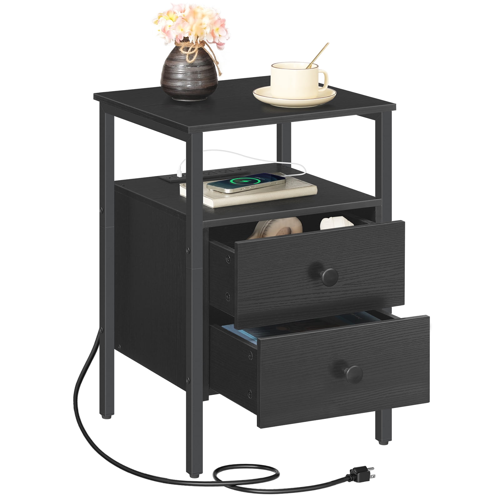HOOBRO 24'' Tall 2 - Drawer Iron Nightstand with Storage and Built-In Outlets Black BB431BZ01G2