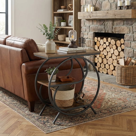 Finmind 3-Tier End Table,  23.62 inch Industrial Side Table for Living Room, Small Rectangle Nightstand for Bedroom , Rustic Brown & Black