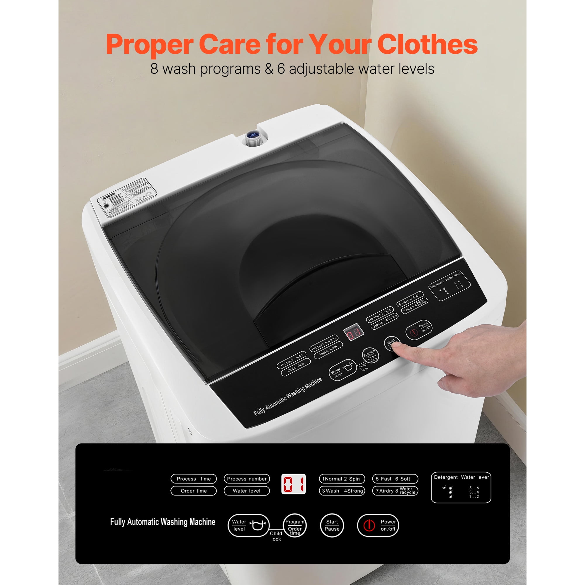 KFFKFF Portable Washing Machine, Compact Washer 1.3 cu.ft with LED Display, Stainless Steel Drum, 8 Wash Programs & 6 Adjustable Water Levels, Ideal for Apartments, RVs, and Dorms