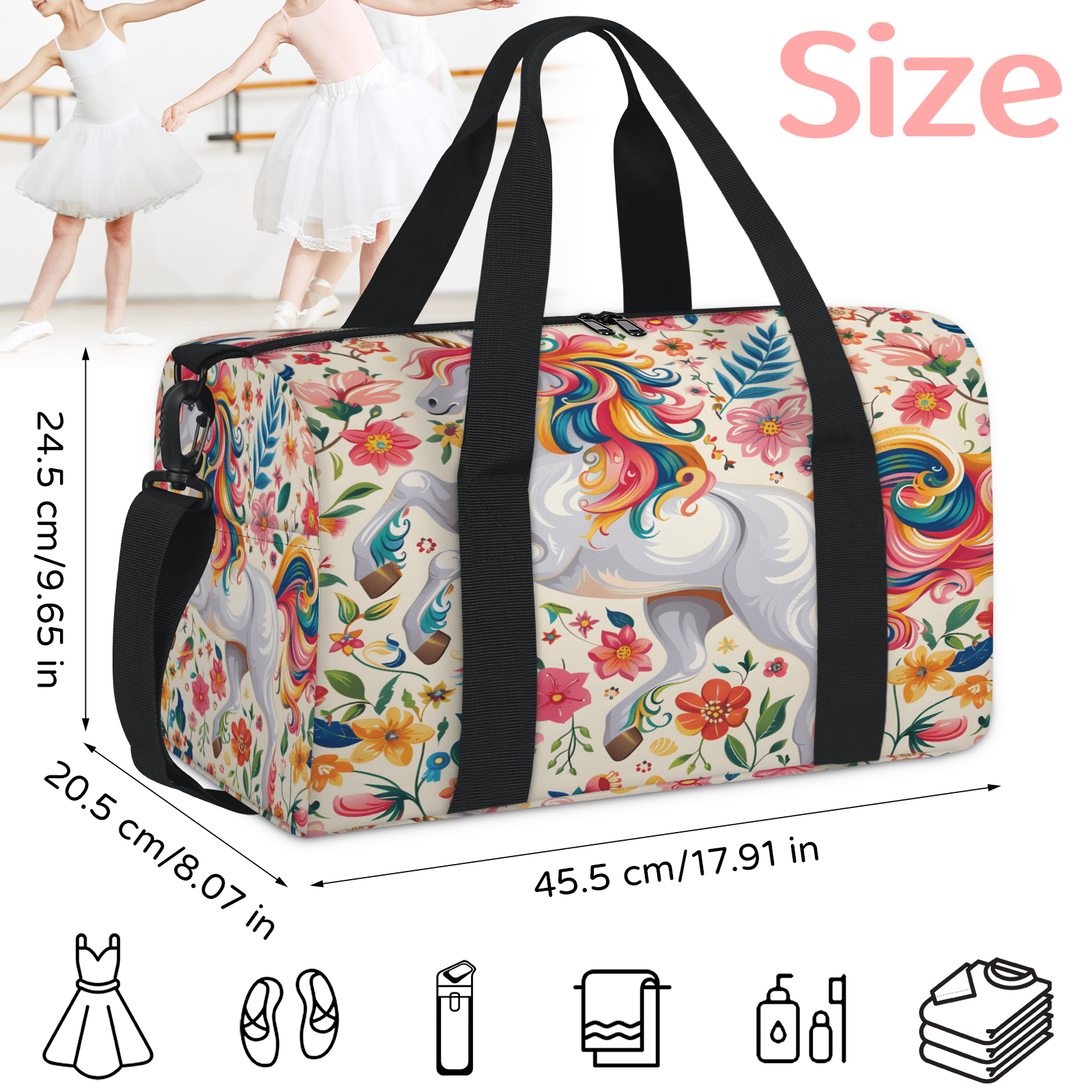 Herdesigns Unicorn Travel Duffle Bag Sports Yoga Weekender Overnight Carry on Workout Bags Lightweight Waterproof Gym Tote Bag for Women Colorful Animal