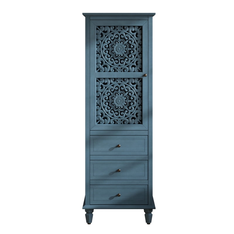 Vintage Storage Cabinet with Carved Door & 3 Drawers, Freestanding Decorative Sideboard, Display Cabinet with Adjustable Shelf