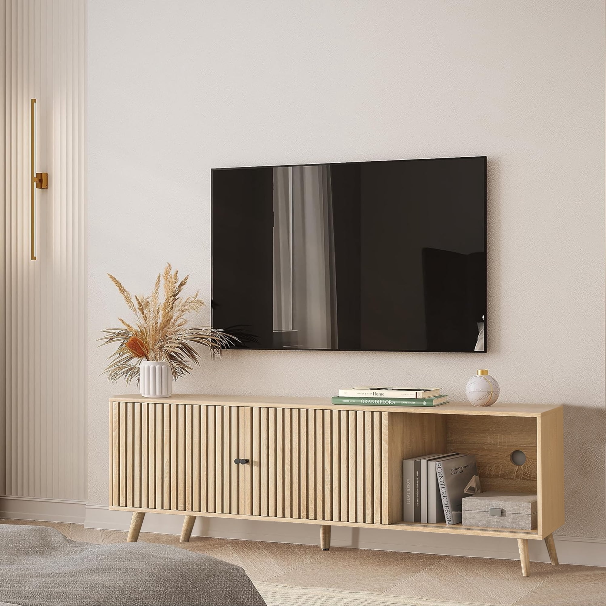 Mid-Century Modern TV Stand for TVs up to 70”, Sliding Door Wood Entertainment Center with Storage, Natural