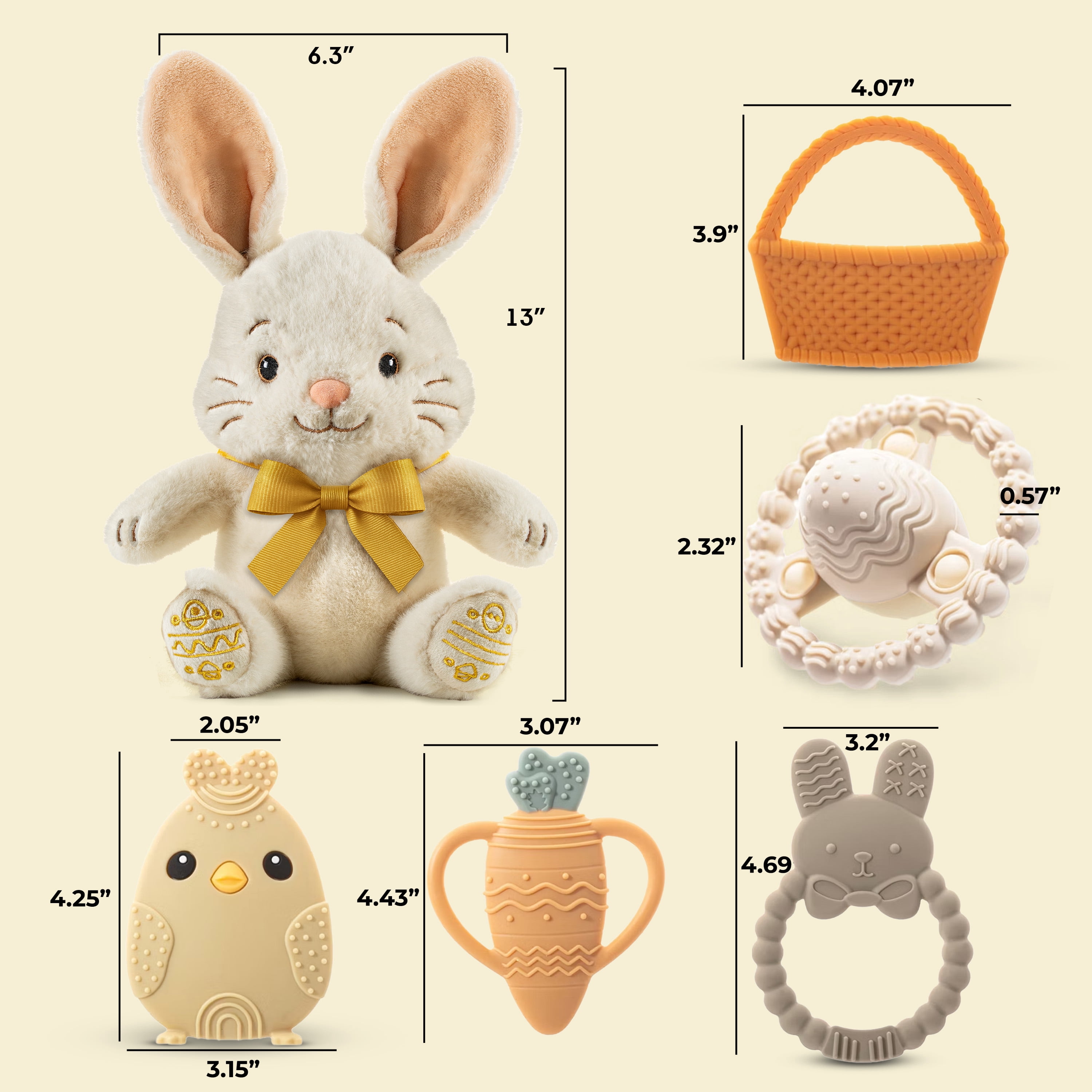 Easter Plush Bunny & Silicone Teether Toys Set, Soft Easter Stuffed Bunny Plush Toy with Bow, 5-Pack Easter Teether Toys, Easter Gift Set for Babies