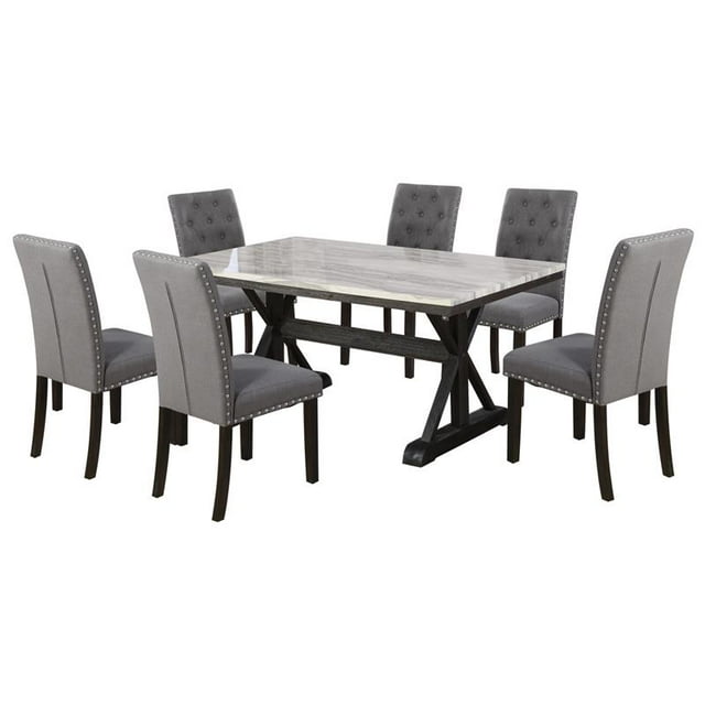 Light Espresso Faux Marble Dining Set with Dark Wood Base and Gray Chairs