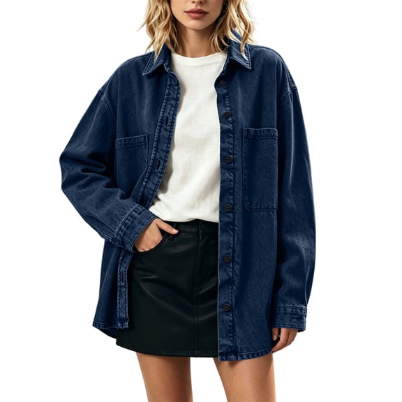 Perfectbot Women Oversized Long Sleeve Denim Shirt Jacket, Button Down Collared Loose Fit Mid-Length Jean Shacket