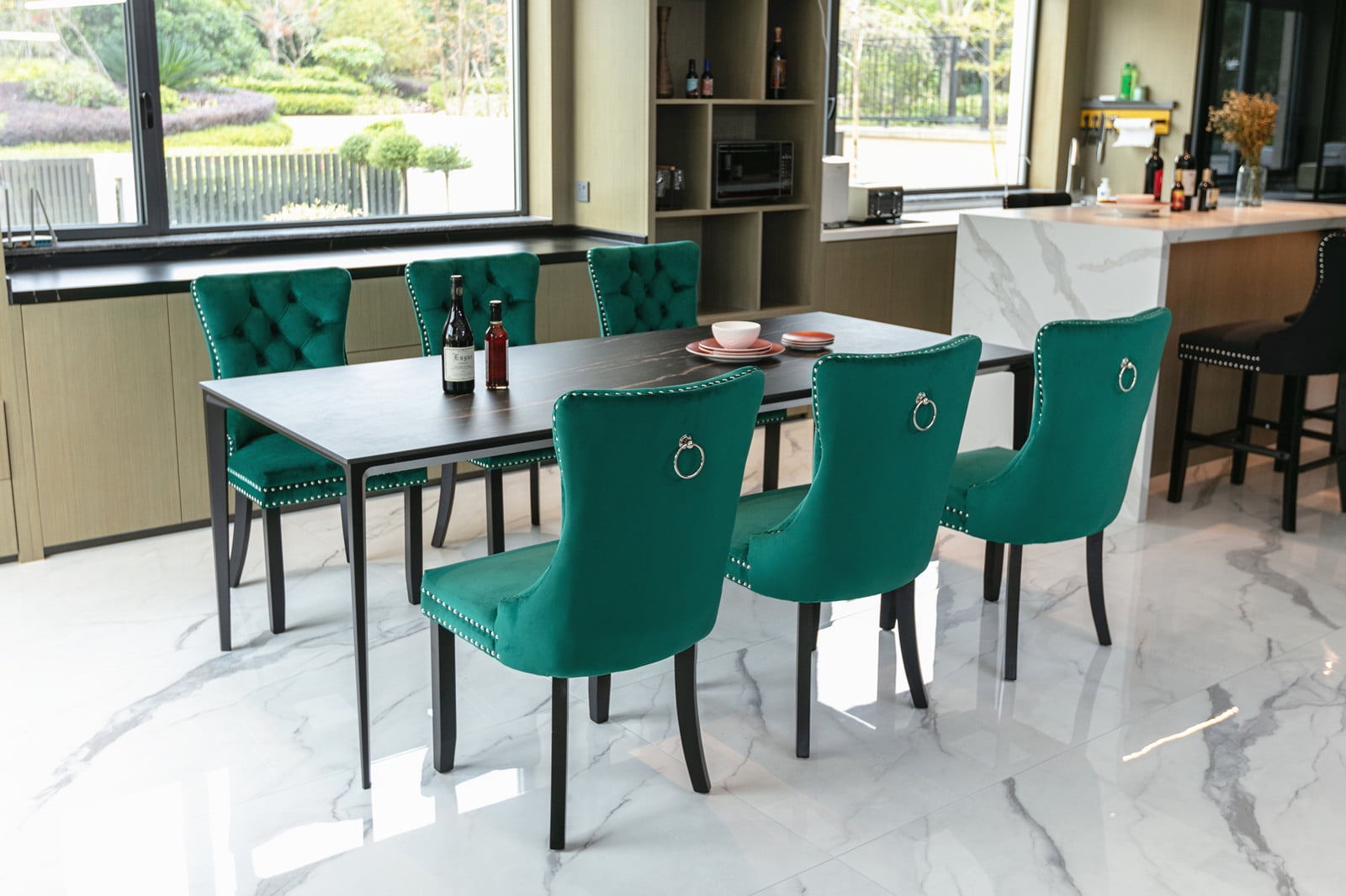 Leumius Dining Chairs Set of 2, Velvet Upholstered Kitchen Side Chairs with Ring Pull Trim and Button Back, Solid Wood Luxury Dining Room Chair for Living Room, Bedroom, Kitchen, Green