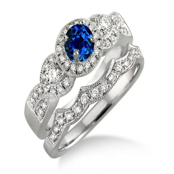 1.5 Carat Sapphire and Diamond Halo Bridal Set on 10k White Gold