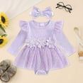 thumbnail image 2 of QUOTAY Baby Girls Long Sleeve Lace Dress with Floral Applique and Skirt for Photoshoot Kids Jumpsuit Wear 0-18 Months 02_Purple,6-9 Months, 2 of 3