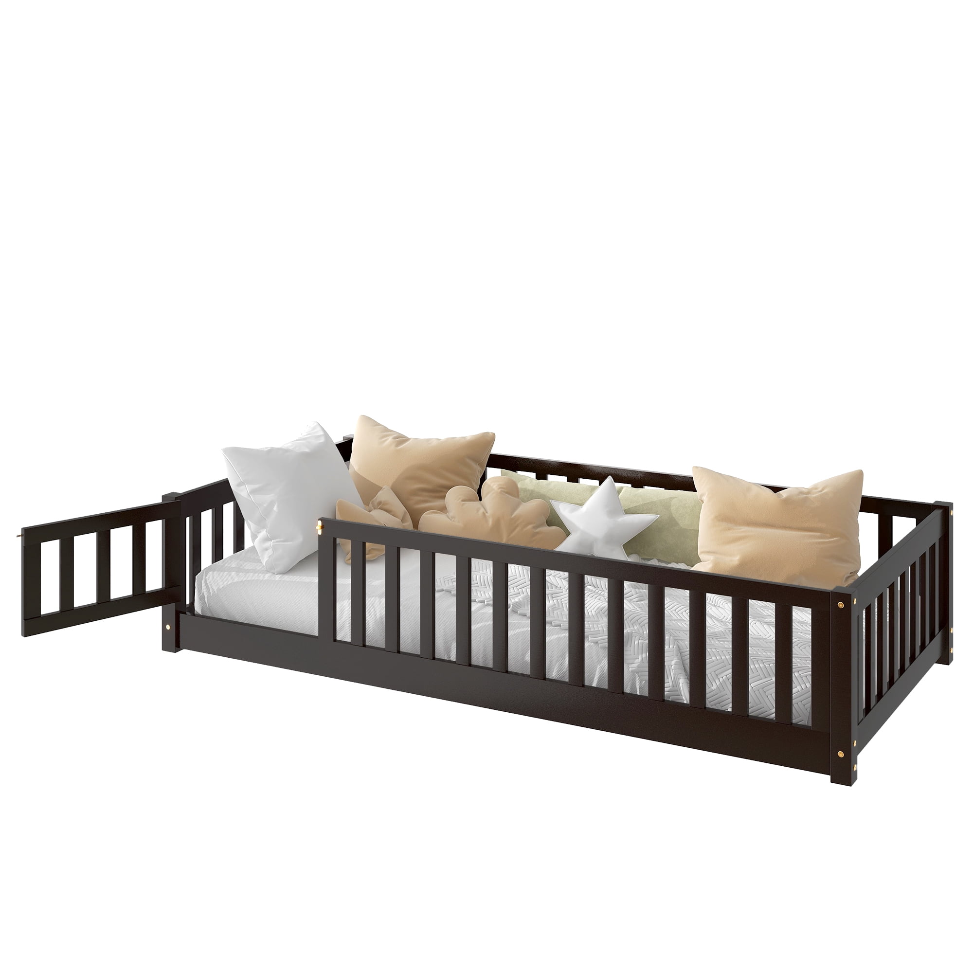 Mintazer Twin Floor Bed with Fence and Door, Montessori Bed with 17.5" Safety Guardrails for Kids Girls Boys, Coffee
