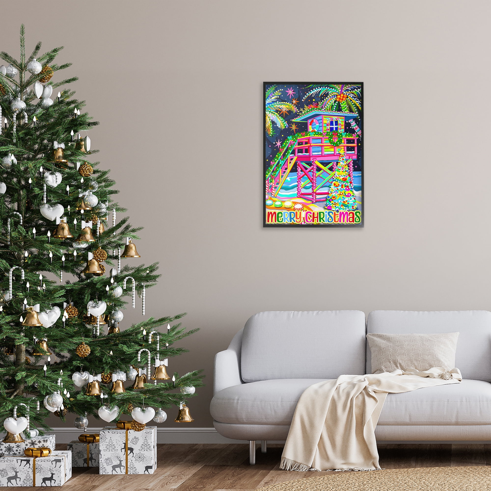 Stupell Industries Whimsical Seaside Christmas Holiday Painting Black Framed Art Prints Wall Art, 20 x 30