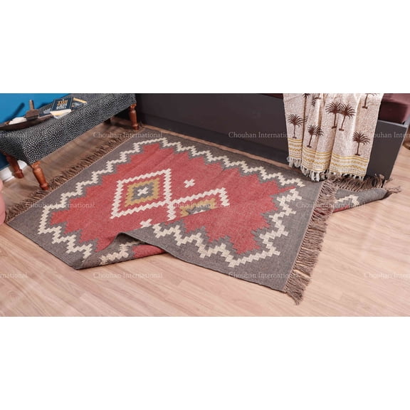 Chouhan Rugs Kilim Rug Wool Jute Rug, Bohemian Rugs, Jute Rug Wool Rug, Living for Room, Kilim Dhurri Wool and Jute Rug Handmade, Kilim Dhurrie Rug, Traditional Indian Wool Jute Rugs (3x5Ft) (KILM-19)
