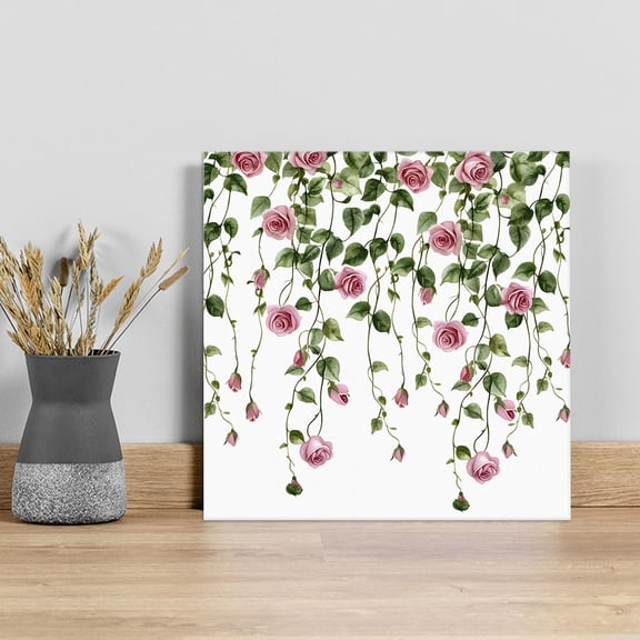 Pink Spring Floral Wall Art Painting on Canvas, Green Summer Botanical Canvas Art Home Prints Wall Art Framed Modern Artwork for Living Room Bedroom Wall Decor 12x12in