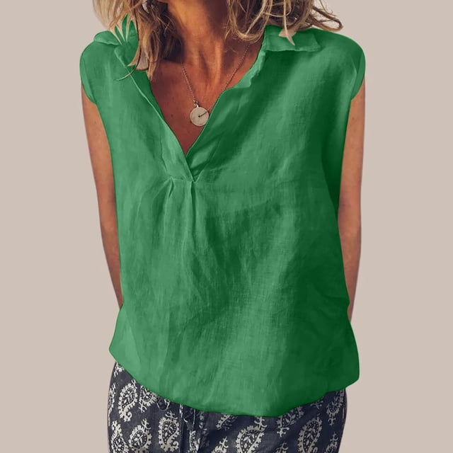 LSLJS Débardeur Classique pour Femme à Col en V, Col à Revers, Couleur Unie, Sans Manches, T-shirt en Coton et Lin, Débardeur à Col à Revers, Débardeurs pour Femmes