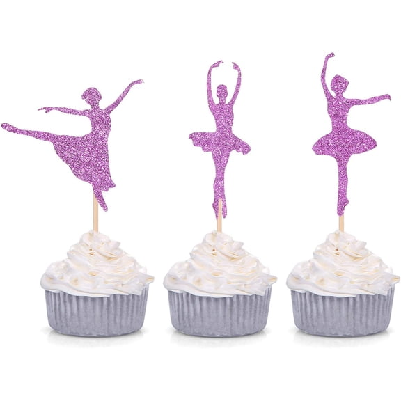 12pcs Glitter Ballerina Cupcake Toppers Ballet Girl Baby Shower Birthday Party Decorations picks - Purple