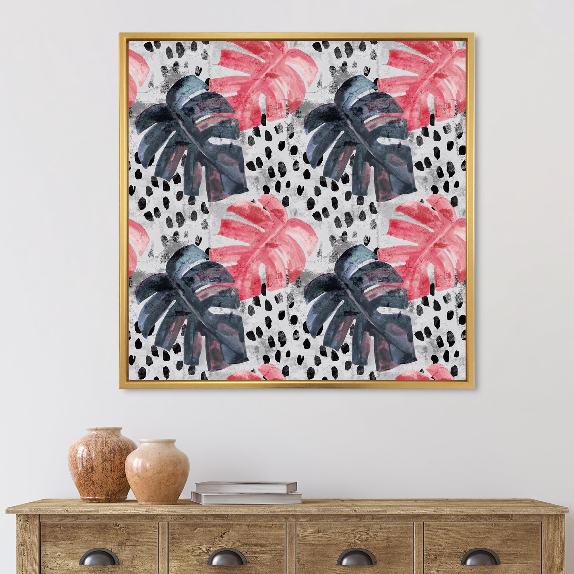Black and Red Monstera On Rough Brush Strokes I 30 in x 30 in Framed Painting Canvas Art Print, by Designart