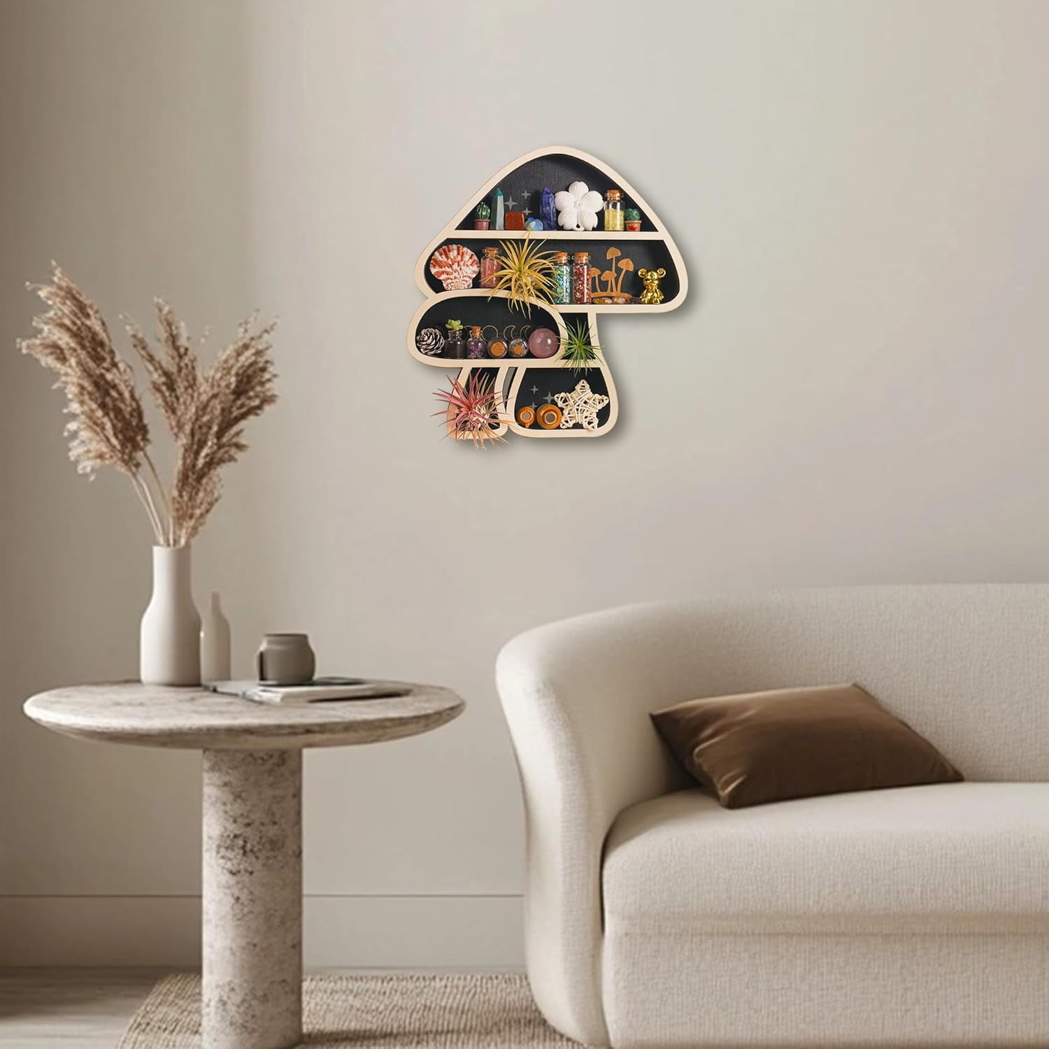 Cute Mushroom Decor, Wooden Floating Mushroom Shelf for Wall, Display Shelf Rock Gem Stone Display Shelf Wall Mounted