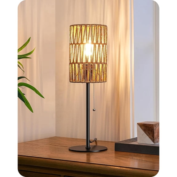 19.1" Rattan Table Lamp, Tall Bedside Lamp with W-Knit Lampshade, Pull-Chain Switch & E26 Socket, Metal Base Boho Nightstand Lamp for Bedroom, Living Room, Office