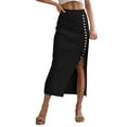 thumbnail image 2 of VUPSGEZ Women Elegant Lettuce Trim Solid High Waisted Pencil Midi Skirt (Black,M), 2 of 8