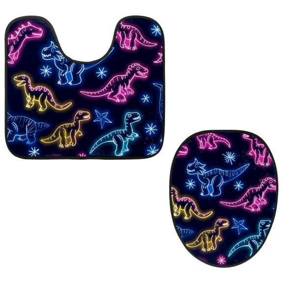 PhooArto Toilet Lid Cover and U-Shaped Toilet Floor Mat Set of 2 Pieces, Neon Dinosaur Funny Pattern Toilet Mat Set, Machine Washable Seat Covers Non-Slip Absorbent Rugs