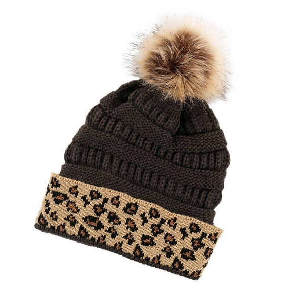 MEIBUTYUP Thick Dark Brown Leopard Print Knitted Winter Hat with Pompom Warm Outdoor Beanie for Women and Men