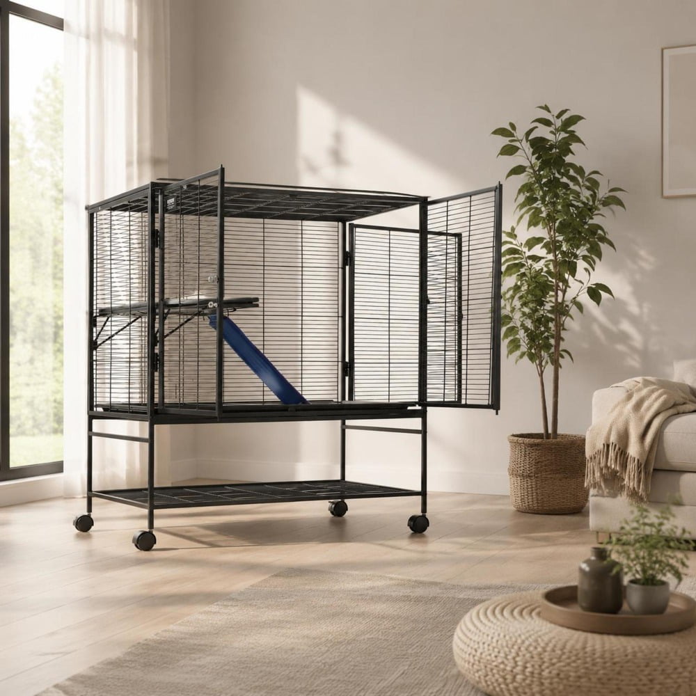 Small Animal Cage, 39-Inch 2-Tier Rolling Ferret Cage, Metal with Removable Tray and Ramp, Black, Model Jm-Xc-083