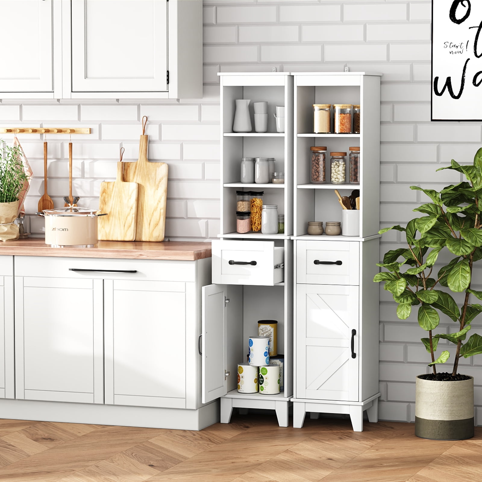 IDEALSOUL Tall Bathroom Storage Cabinet, Narrow Bathroom Storage, Freestanding Linen Cabinet with Barn Door and Drawer, White