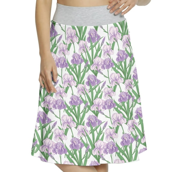 Women's Iris Flower Japanese Style Flora A-line Printed Skirt Casual Wear, M, Fern Green Lavender, by Ambesonne