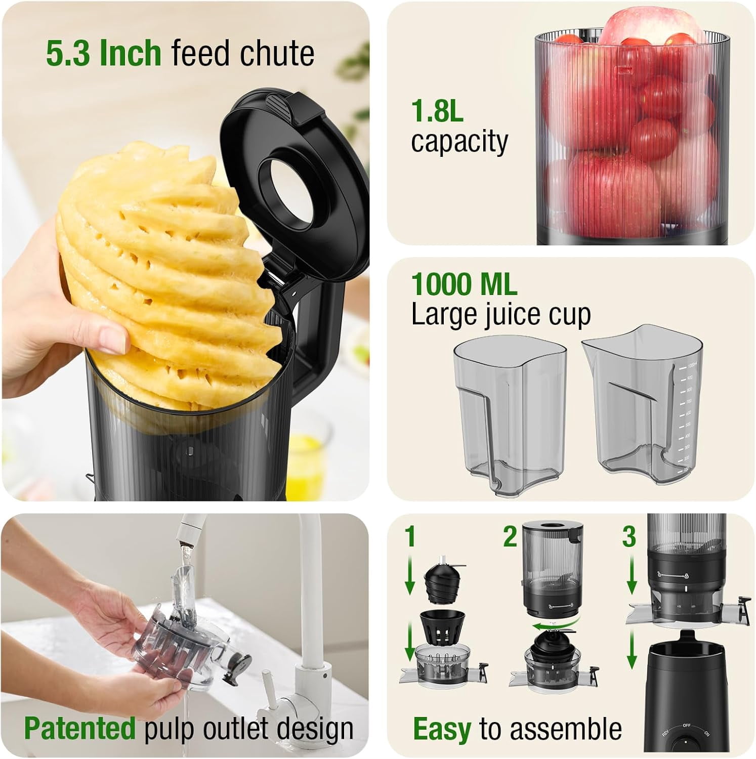Open Box Juicer Machines, TUUMIIST Cold Press Juicer with 5.3" Extra Large Feed Chute Fit Whole Fruits & Vegetables Easy to Clean, High Juice Yield, BPA Free (Black)