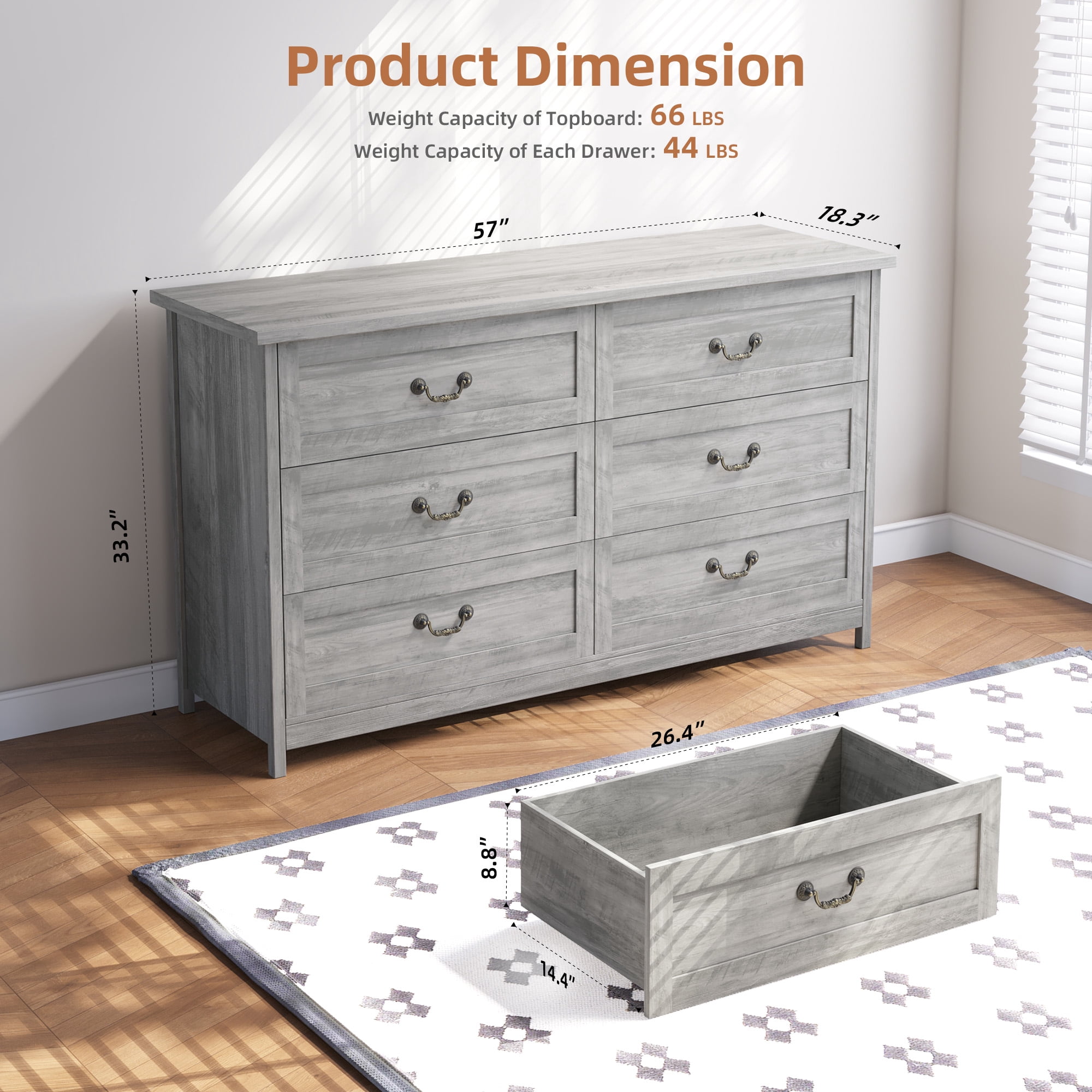 SUGIFT Modern 6-Drawer Dresser for Bedroom, Rustic Gray Finish