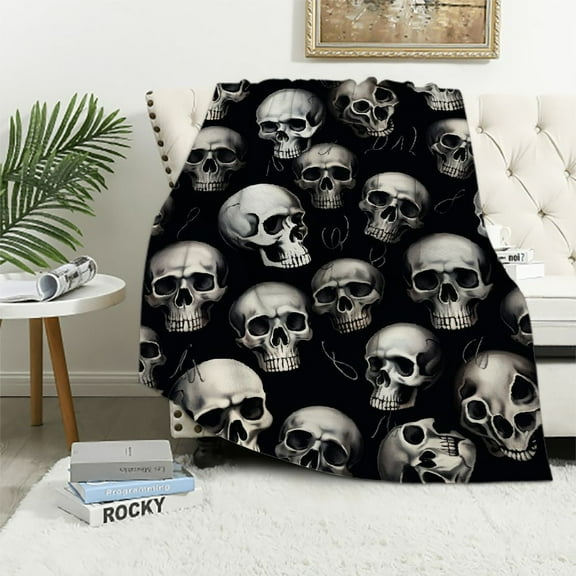 Halloween Black Horror Skull Cozy Print Flannel Plush Throw Blanket for Sofa Bedroom Living Room and Travel, Halloween Home Decoration 40x50 Inch