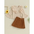thumbnail image 3 of Bagilaanoe Kids Girls Fall Outfits Solid Color Ribbed Ruffles Crew Neck Flare Long Sleeve Tops + Corduroy Skirts 2Pcs Clothes Set, 3 of 8