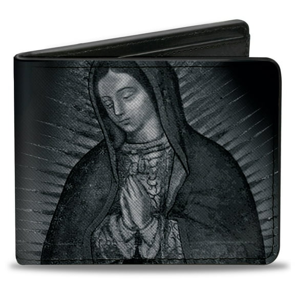 Buckle-Down Wallet, Bifold, Virgen de Guadalupe Close Up Tonal Grays, Vegan Leather