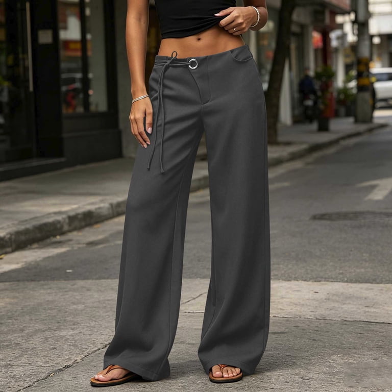 high waisted loose dress pants WCMZJ Women's Waist Tie Front Business Office Casual Wide Leg Trousers with Pockets 970