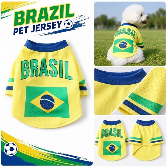 Brazil Inspired Pet Soccer Jersey for Dogs and Cats,Breathable Athletic Football Shirt,Soccer Fan Style Pet Apparel,Yellow and Blue