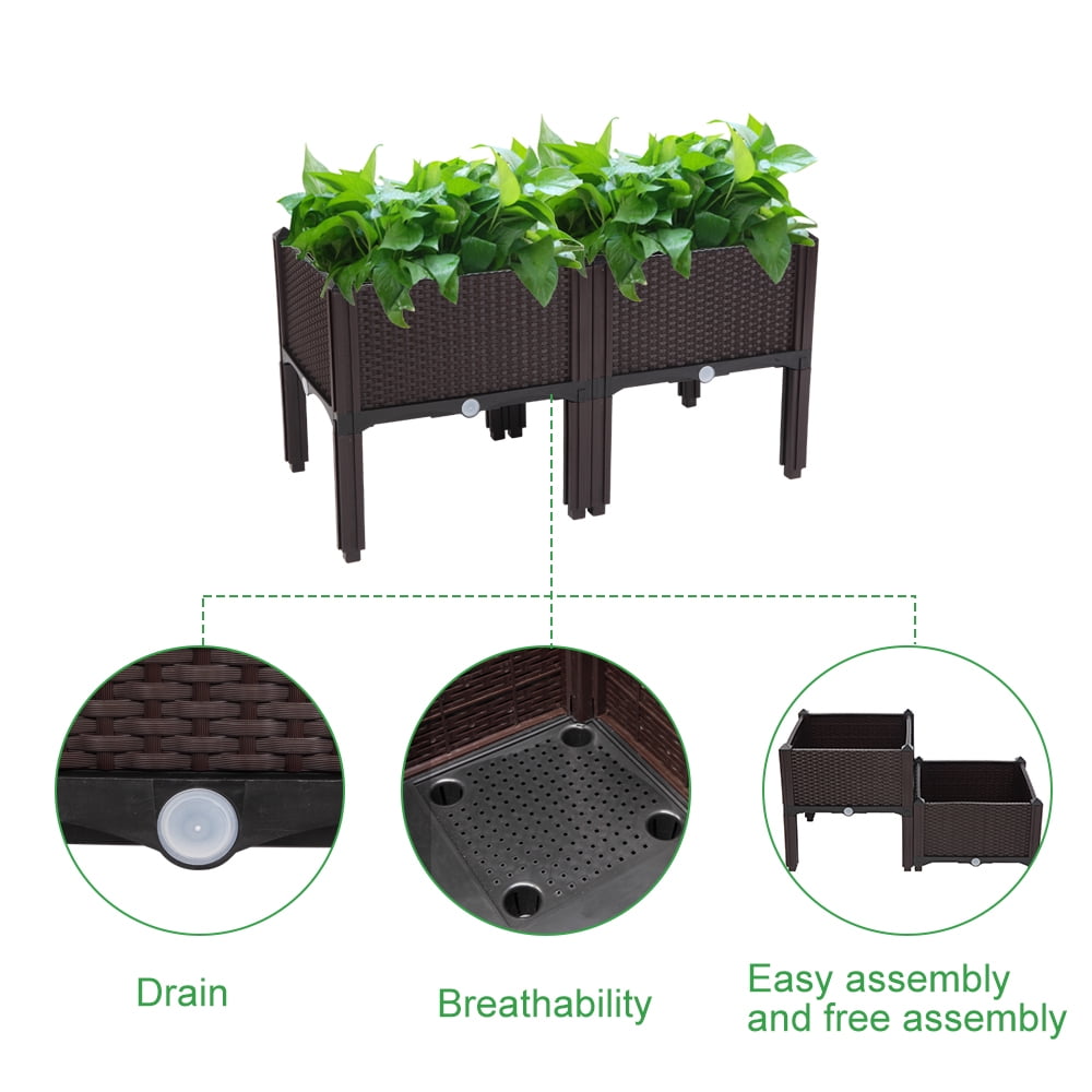2 Piece Raised Garden Bed Kit Brown Free Splicing Planter Box,Kepeak Indoor Outdoor Plastic Planter Grow Box for Flower Vegetable, Brown