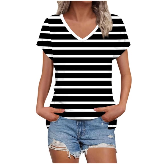 Women's V-Neck Short Sleeve T-Shirt with Scattered Stripes, Casual Fashion Top for Everyday Wear