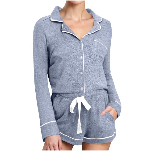 Pyjamas Confortables pour Femmes en Solde Mode Décontractée Vêtements de Nuit Manches Longues Hauts et Pantalons Ensemble de Pyjama à Manches Courtes avec Poches Ensembles de Pjs pour Femmes Nouveau Bleu TG