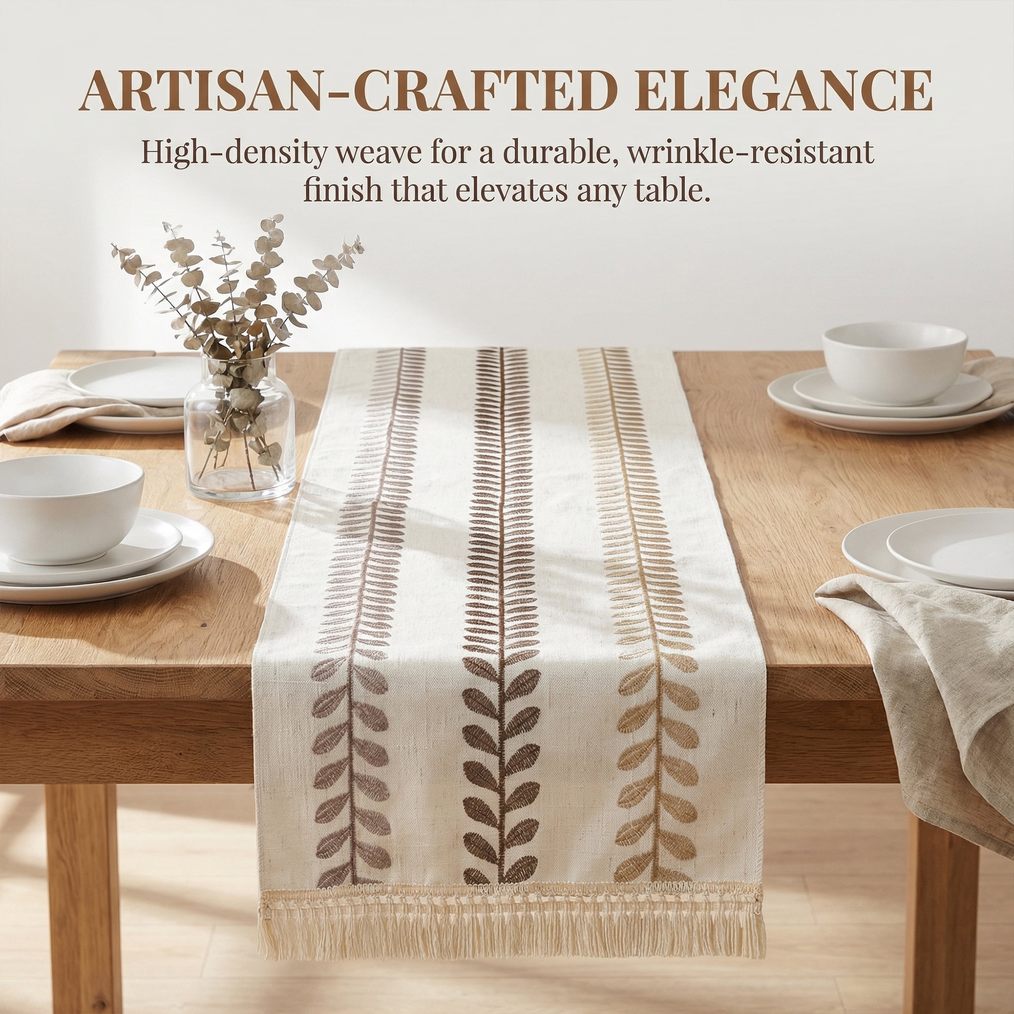 Unique Bargains Polyester Floral with Tassel Table Runner for Decor Brown 15.4"x63"