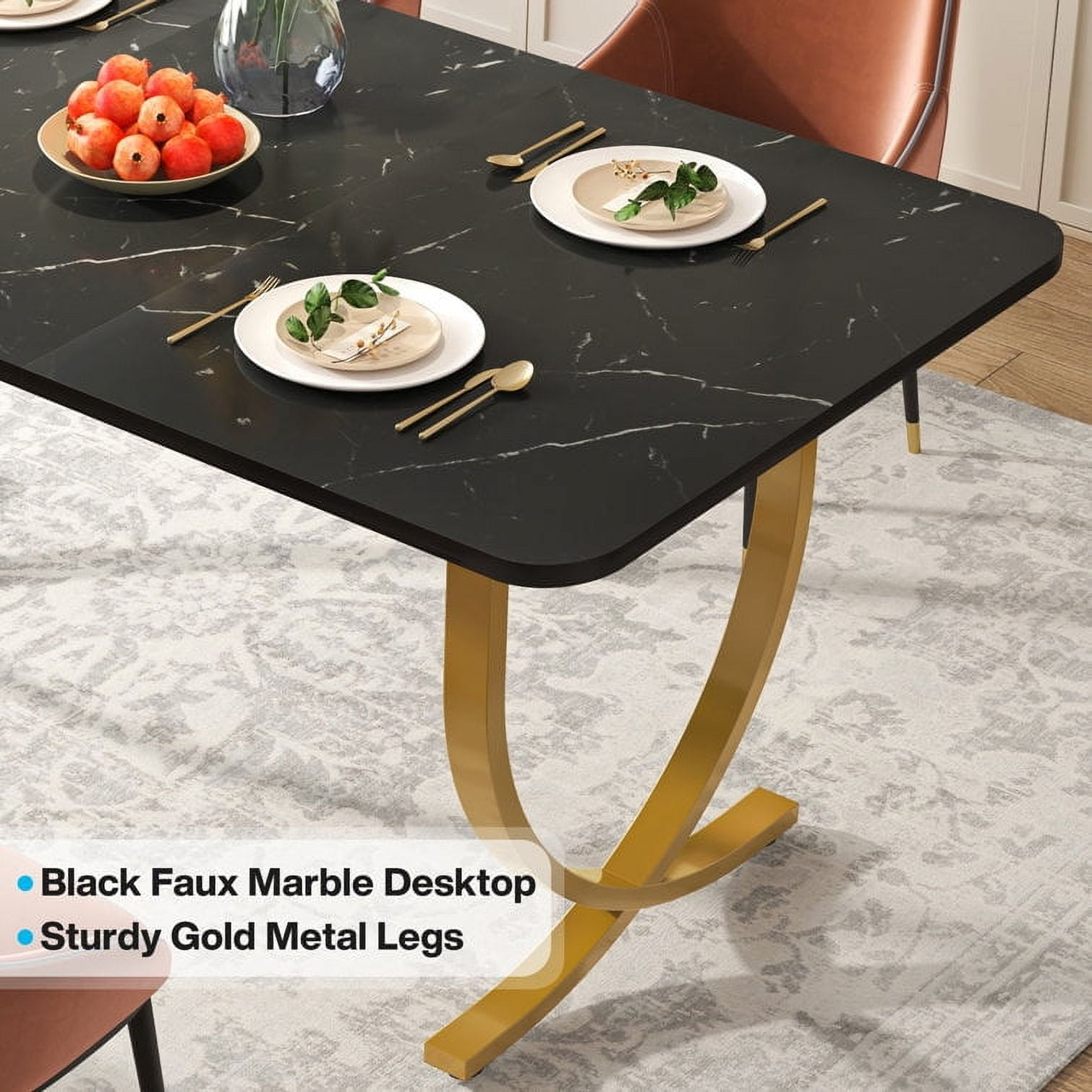 Tribesigns Rectangular Dining Table for 4 to 6, 63-Inch White and Gold Modern Kitchen Table with Faux Marble Table Top and Metal Legs for Dining Room, Kitchen or Living Room